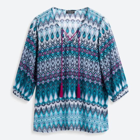 PAPERMOON Howell Tie Neck Blouse, Size Medium, Turquoise Ikat - Picture 1 of 10